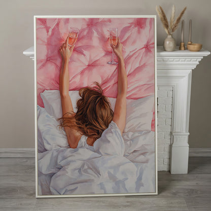 Pink Champagne Canvas Print for Feminine Bedroom Decor in white floating frame