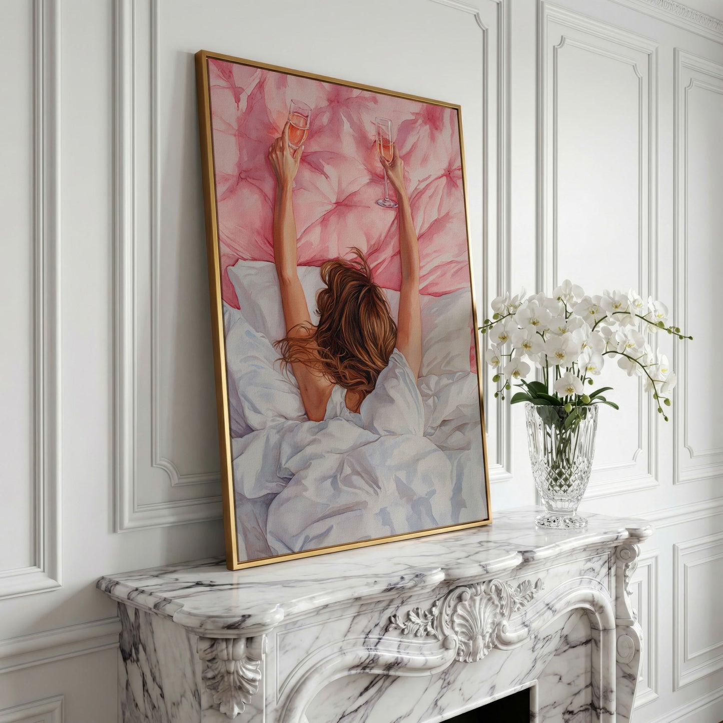 Pink Champagne Canvas Print for Feminine Bedroom Decor in yellow gold floating frame
