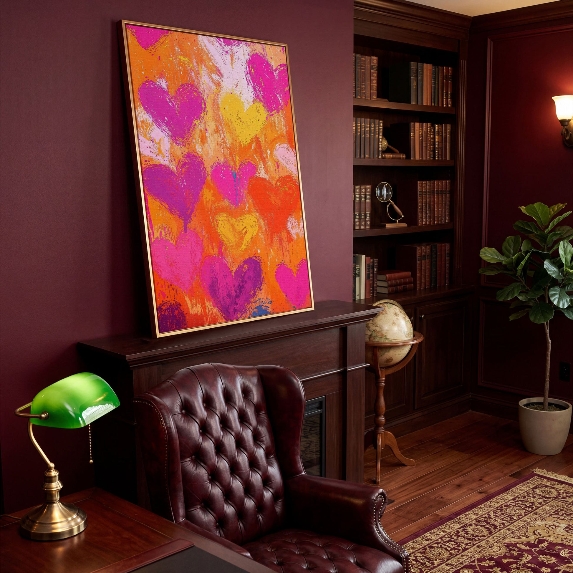 Pink & Orange Hearts Abstract Canvas in antique gold floating frame