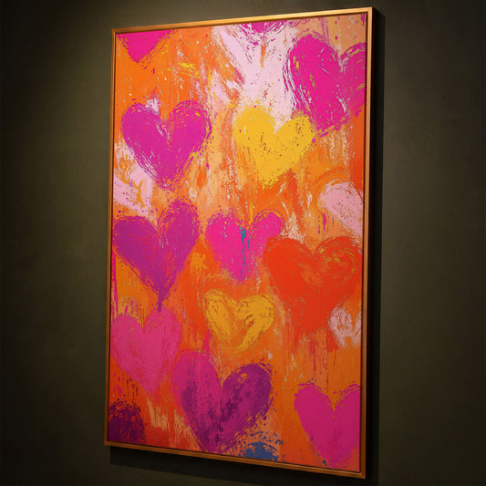 Pink & Orange Hearts Abstract Canvas shown in antique gold floating frame