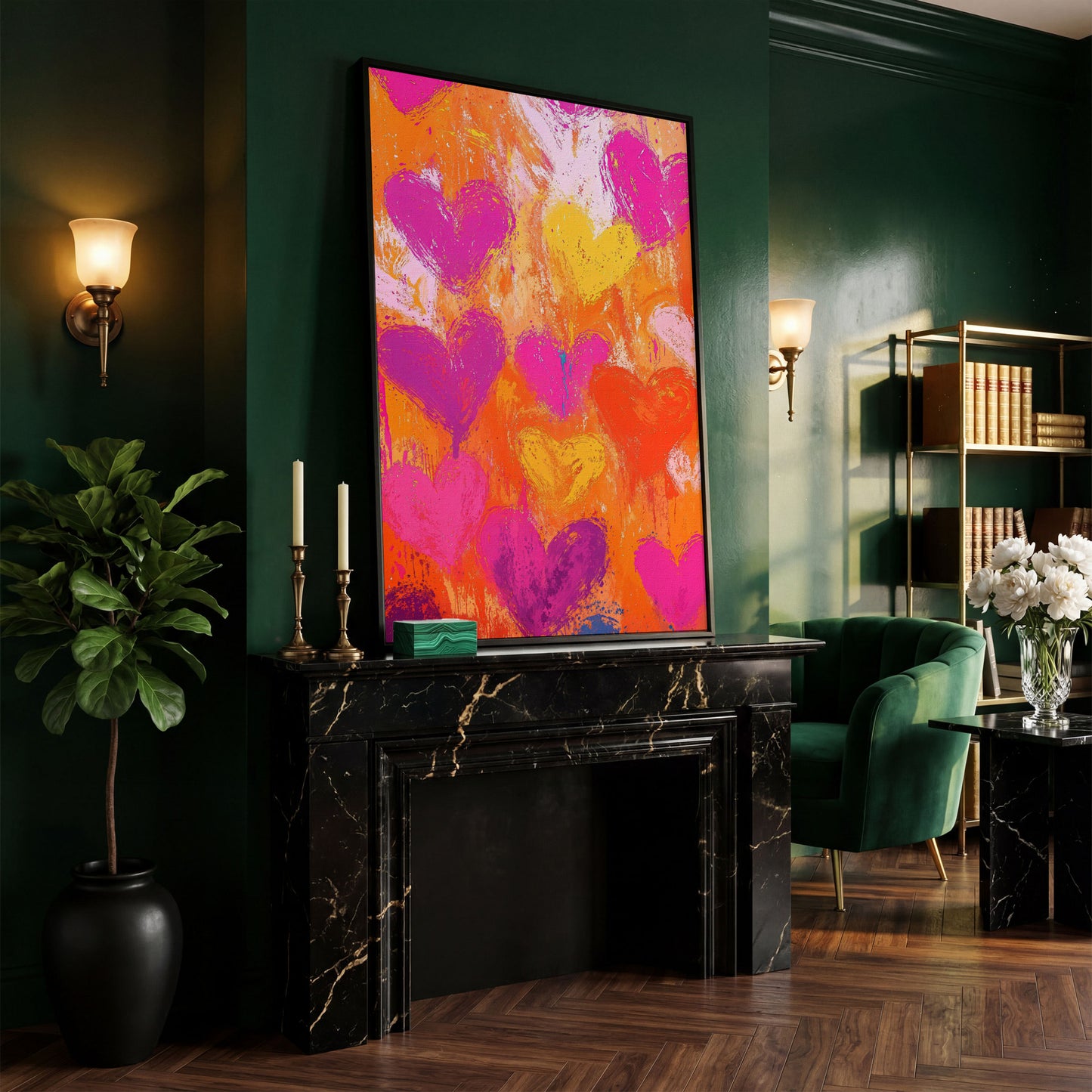 Pink & Orange Hearts Abstract Canvas in black floating frame