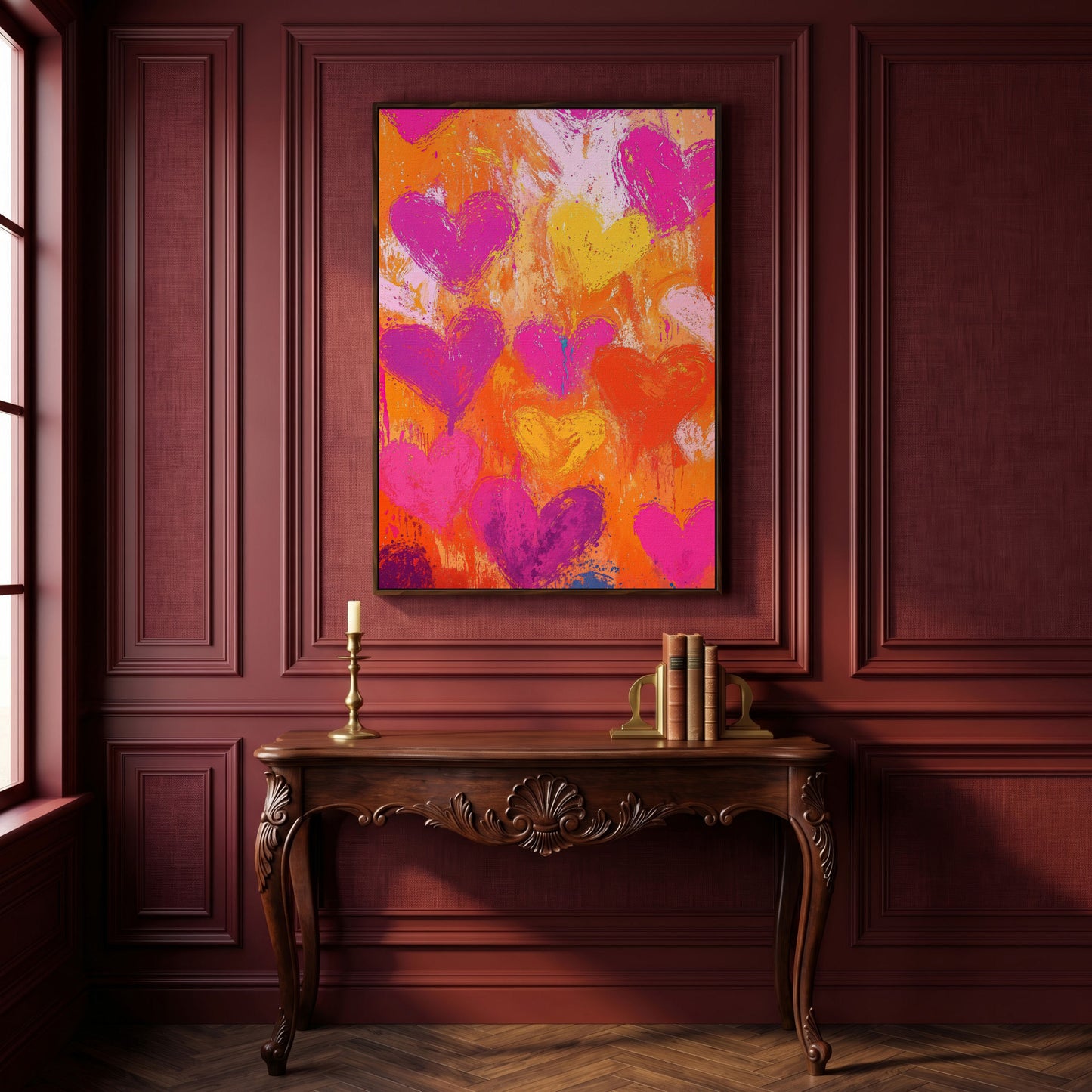 Pink & Orange Hearts Abstract Canvas in dark walnut floating frame