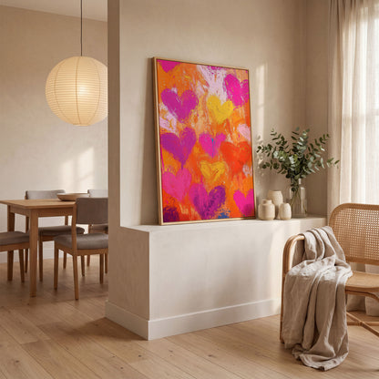 Pink & Orange Hearts Abstract Canvas in white oak floating frame