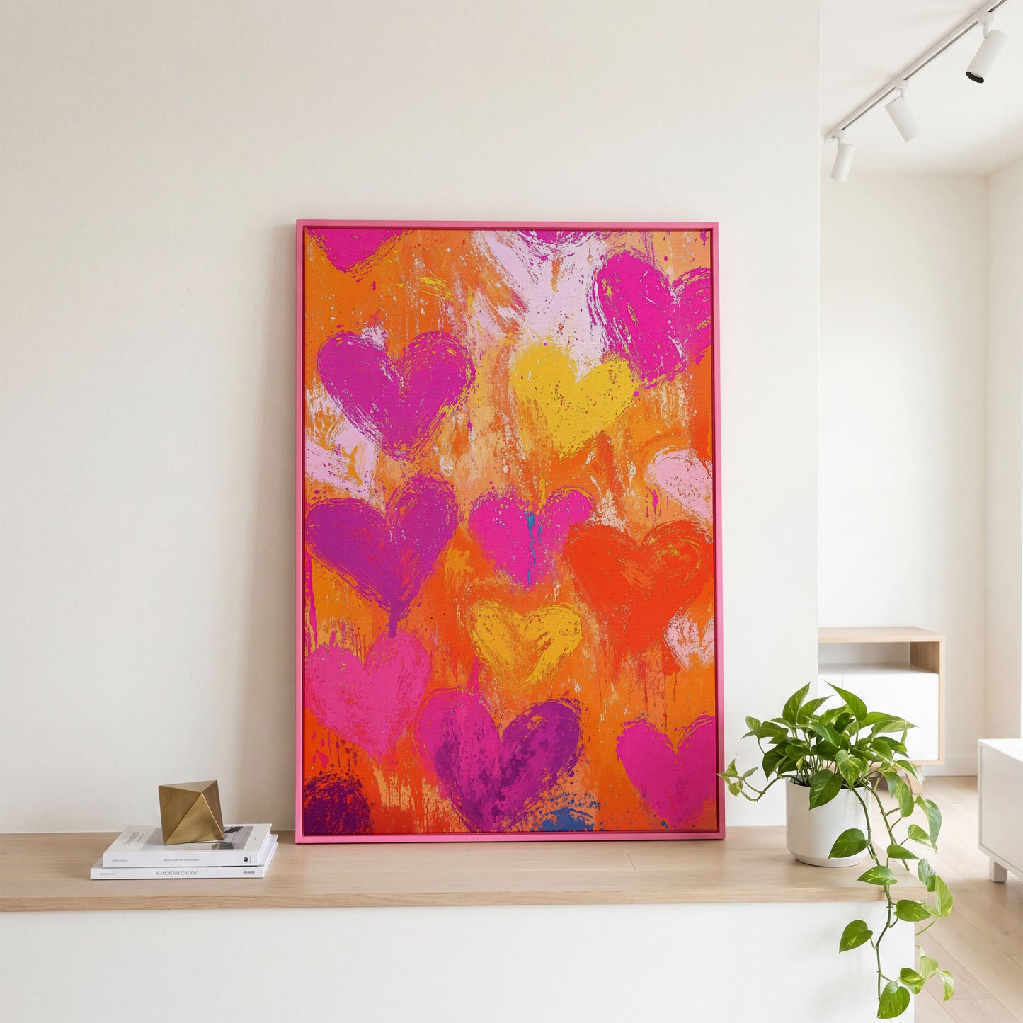 Pink & Orange Hearts Abstract Canvas in pink floating frame