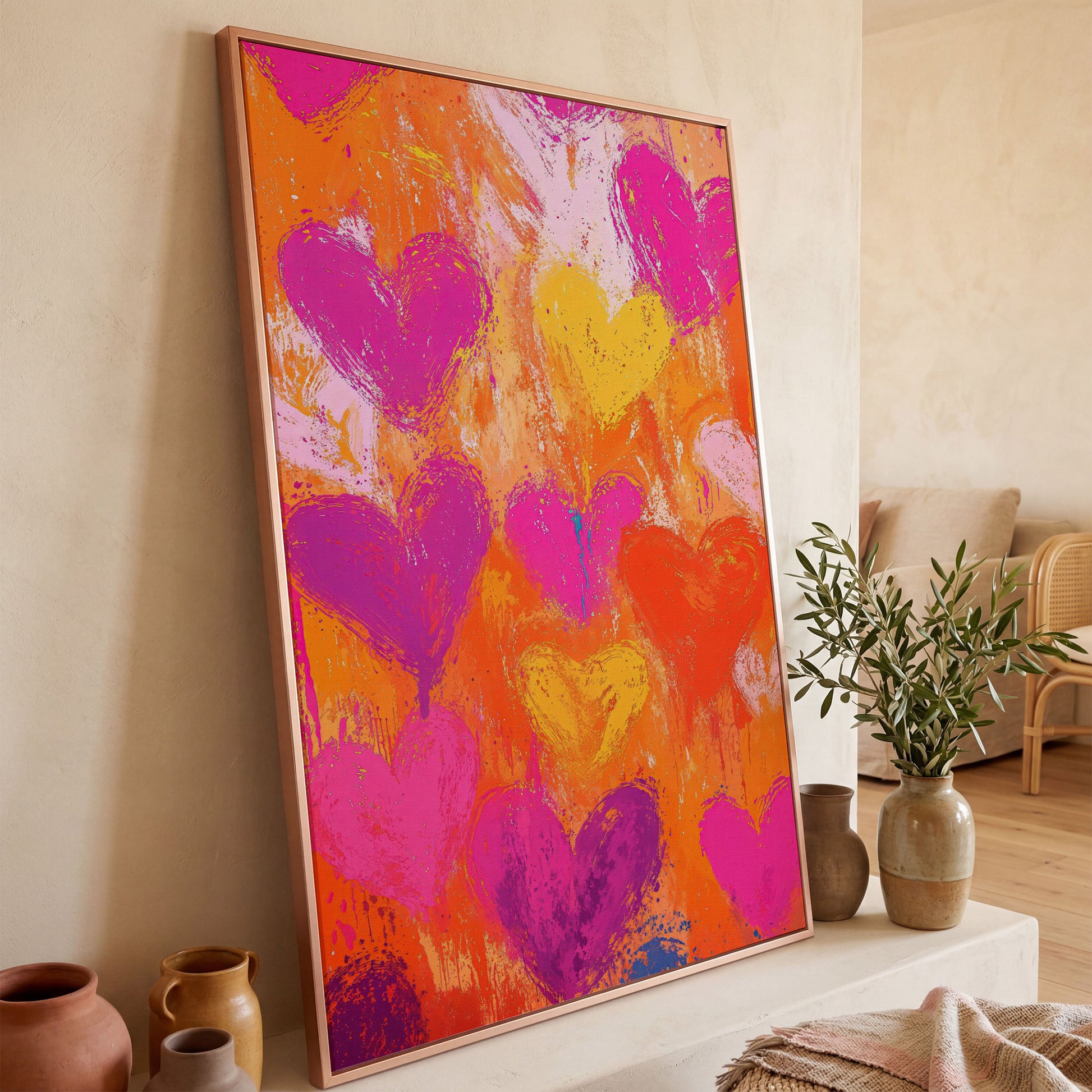 Pink & Orange Hearts Abstract Canvas in rose gold floating frame
