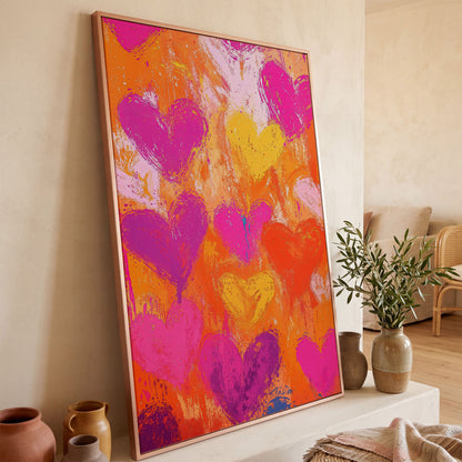 Pink & Orange Hearts Abstract Canvas in rose gold floating frame