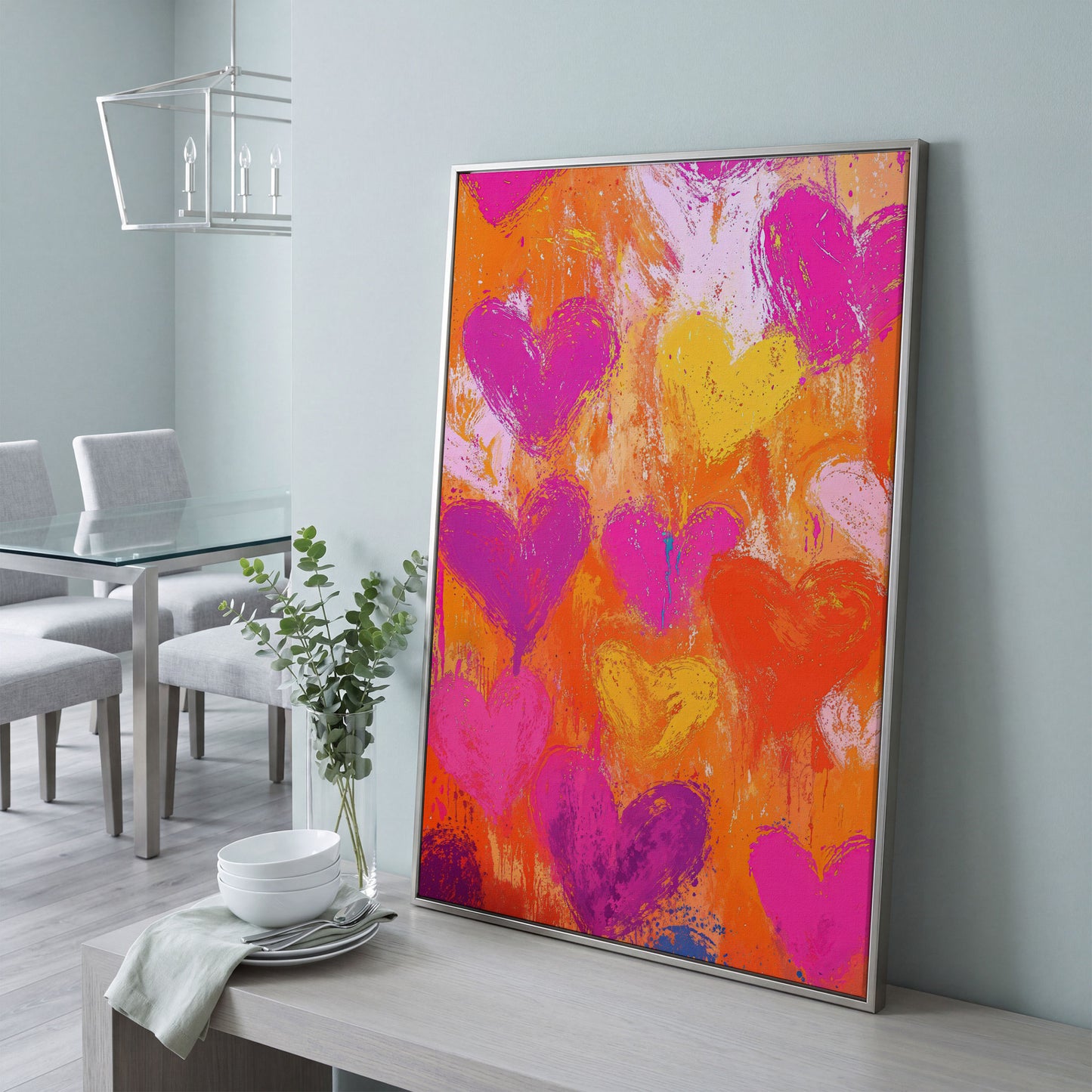 Pink & Orange Hearts Abstract Canvas in silver floating frame