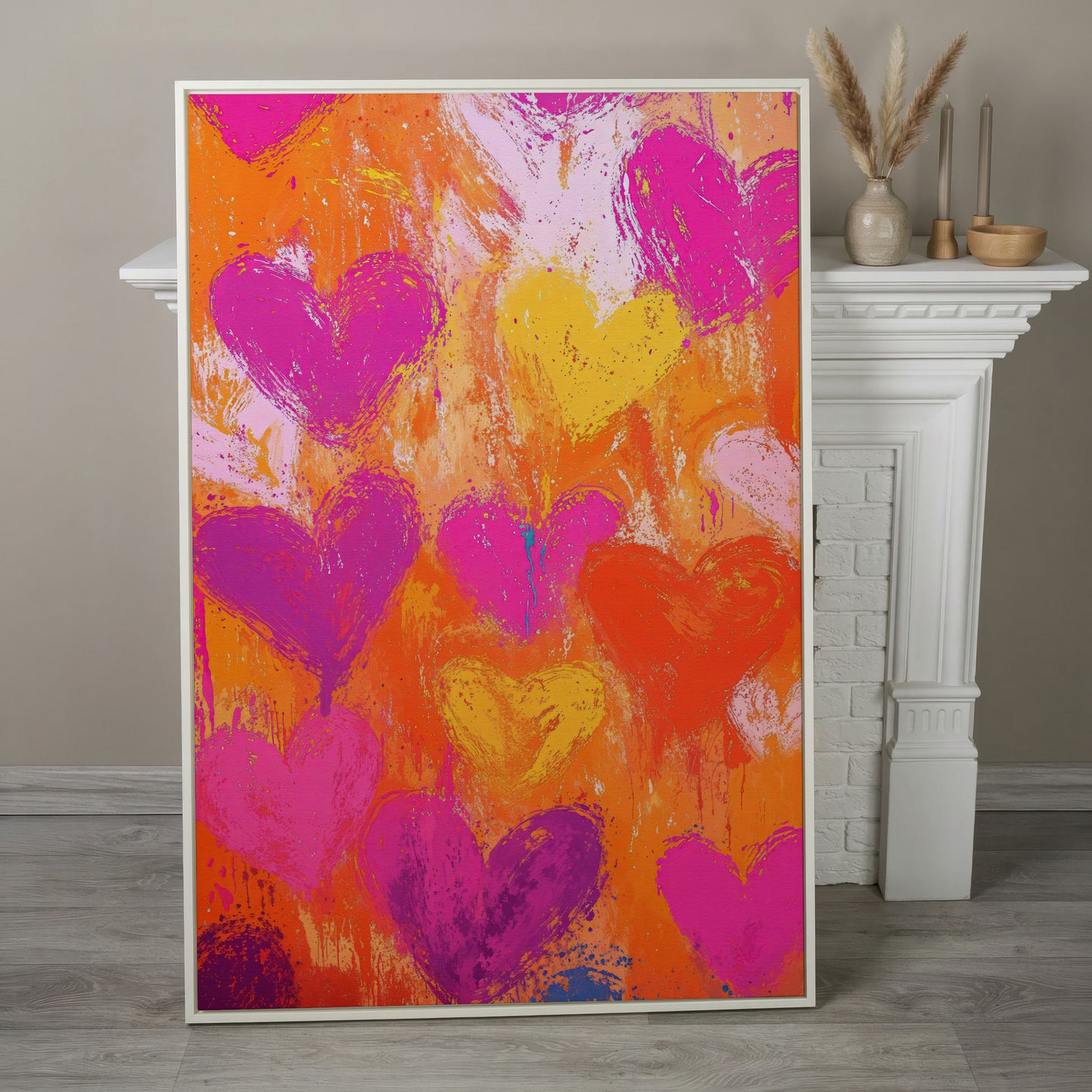 Pink & Orange Hearts Abstract Canvas in white floating frame