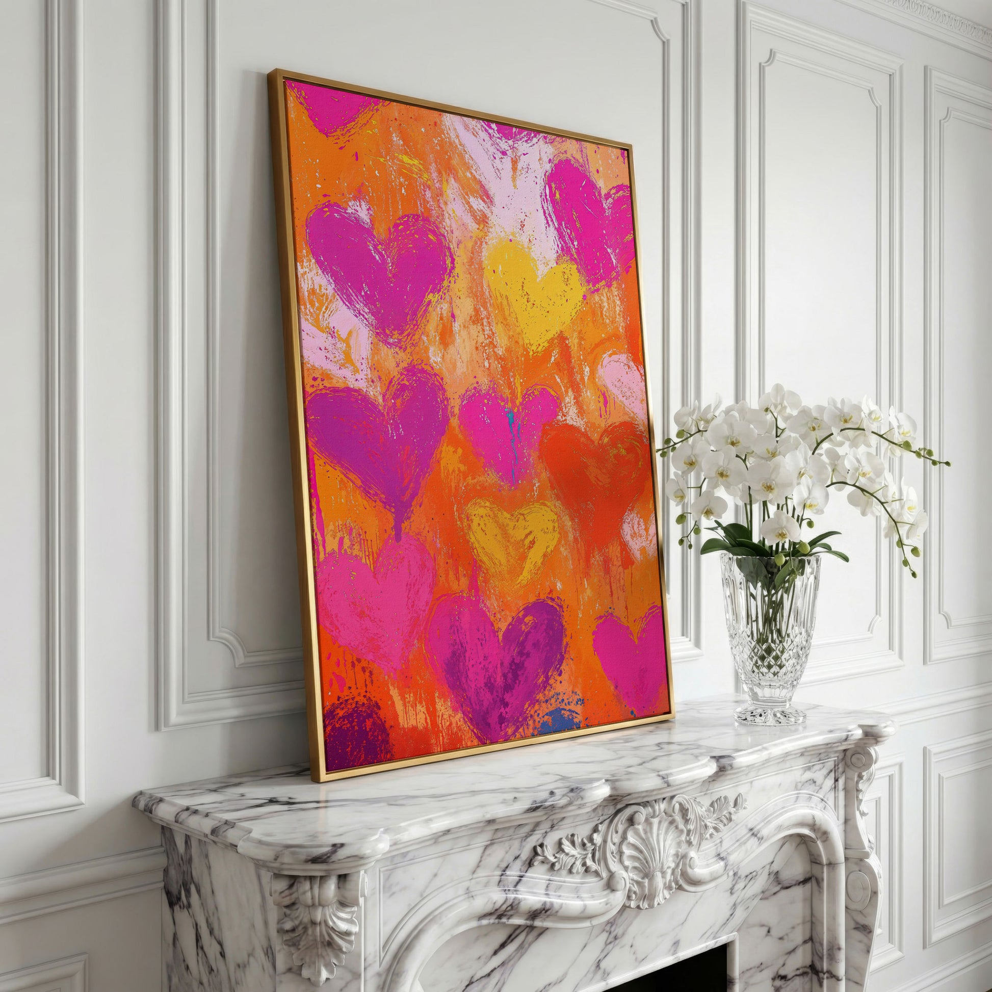 Pink & Orange Hearts Abstract Canvas in yellow gold floating frame