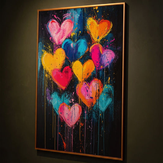 Vibrant Love Abstract Heart Canvas Print shown in antique gold floating frame