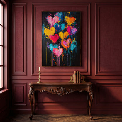 Vibrant Love Abstract Heart Canvas Print in dark walnut floating frame