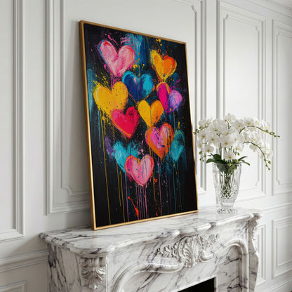 Vibrant Love Abstract Heart Canvas Print in yellow gold floating frame