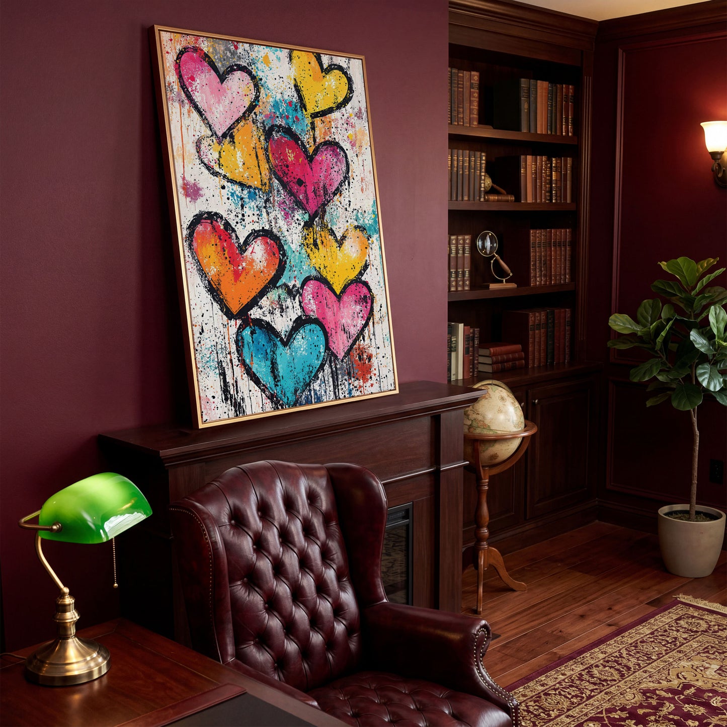 Colorful Hearts Splash Canvas in antique gold floating frame