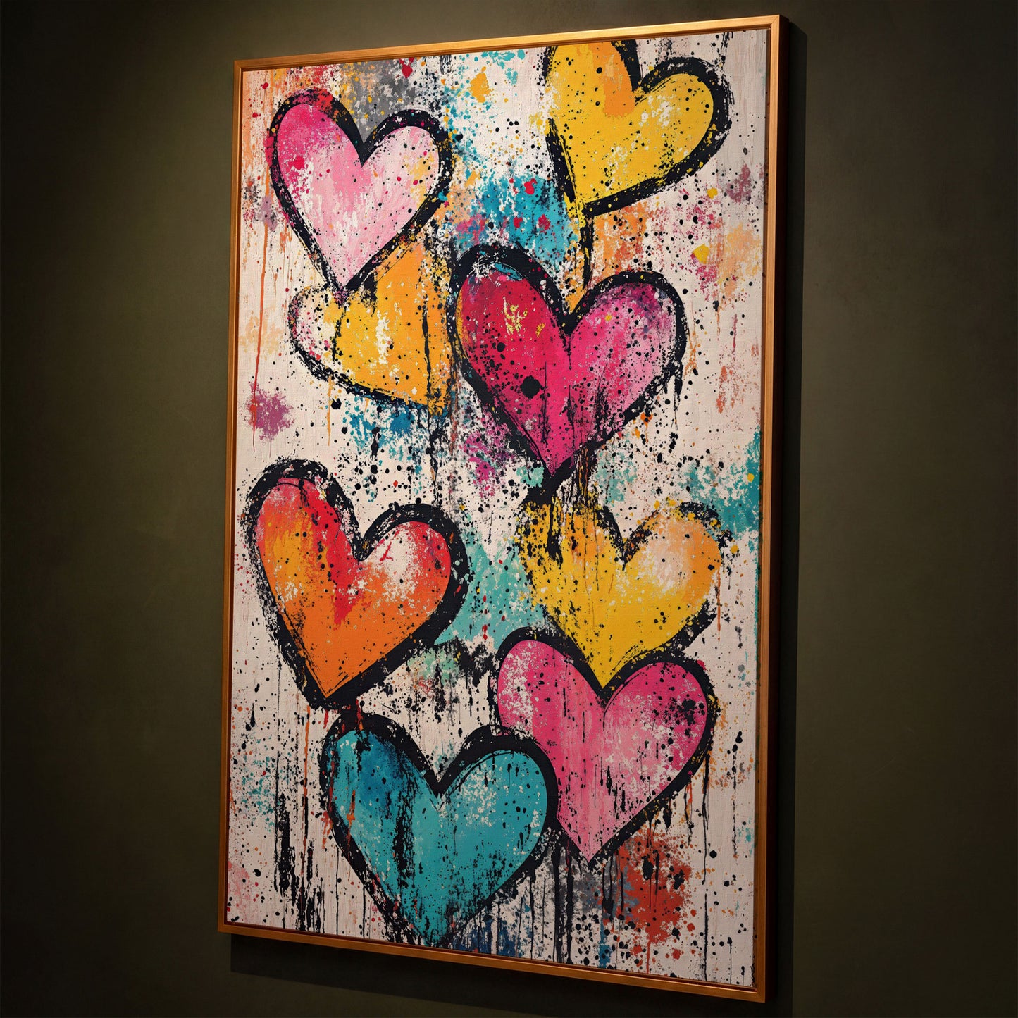 Colorful Hearts Splash Canvas shown in antique gold floating frame