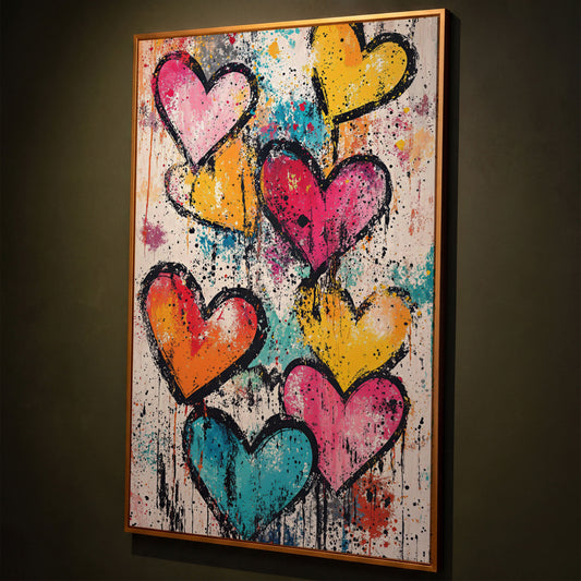 Colorful Hearts Splash Canvas shown in antique gold floating frame
