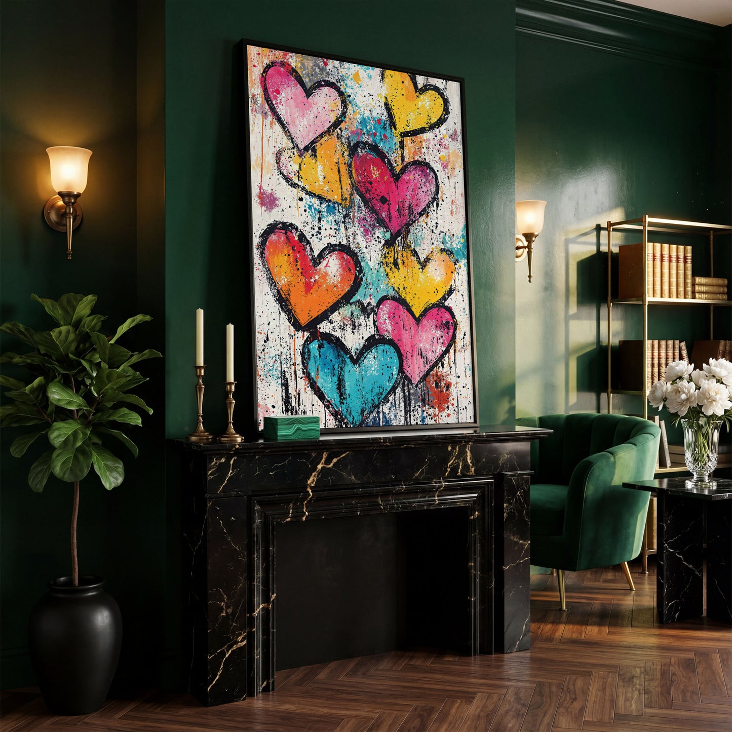 Colorful Hearts Splash Canvas in black floating frame