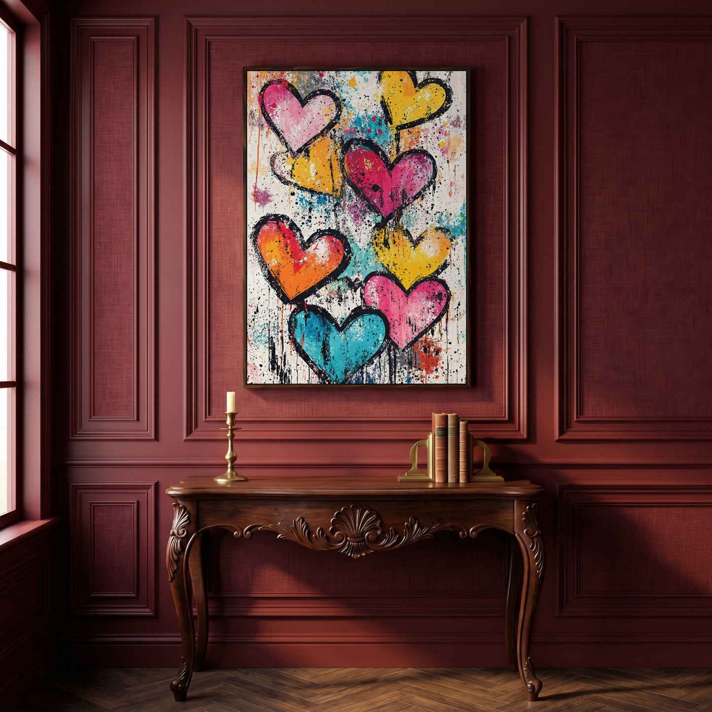 Colorful Hearts Splash Canvas in dark walnut floating frame