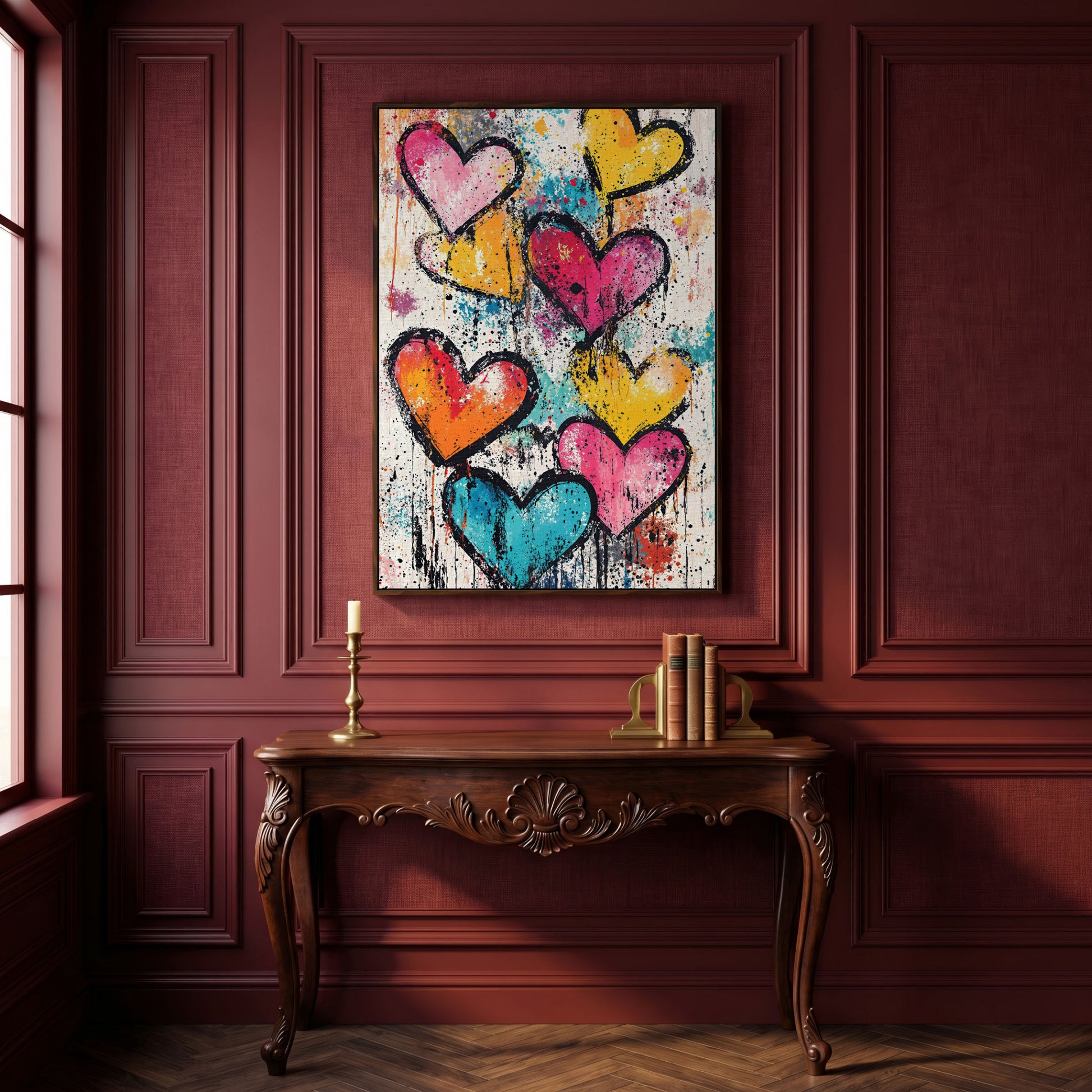 Colorful Hearts Splash Canvas in dark walnut floating frame