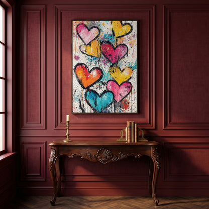 Colorful Hearts Splash Canvas in dark walnut floating frame