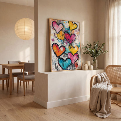 Colorful Hearts Splash Canvas in white oak floating frame
