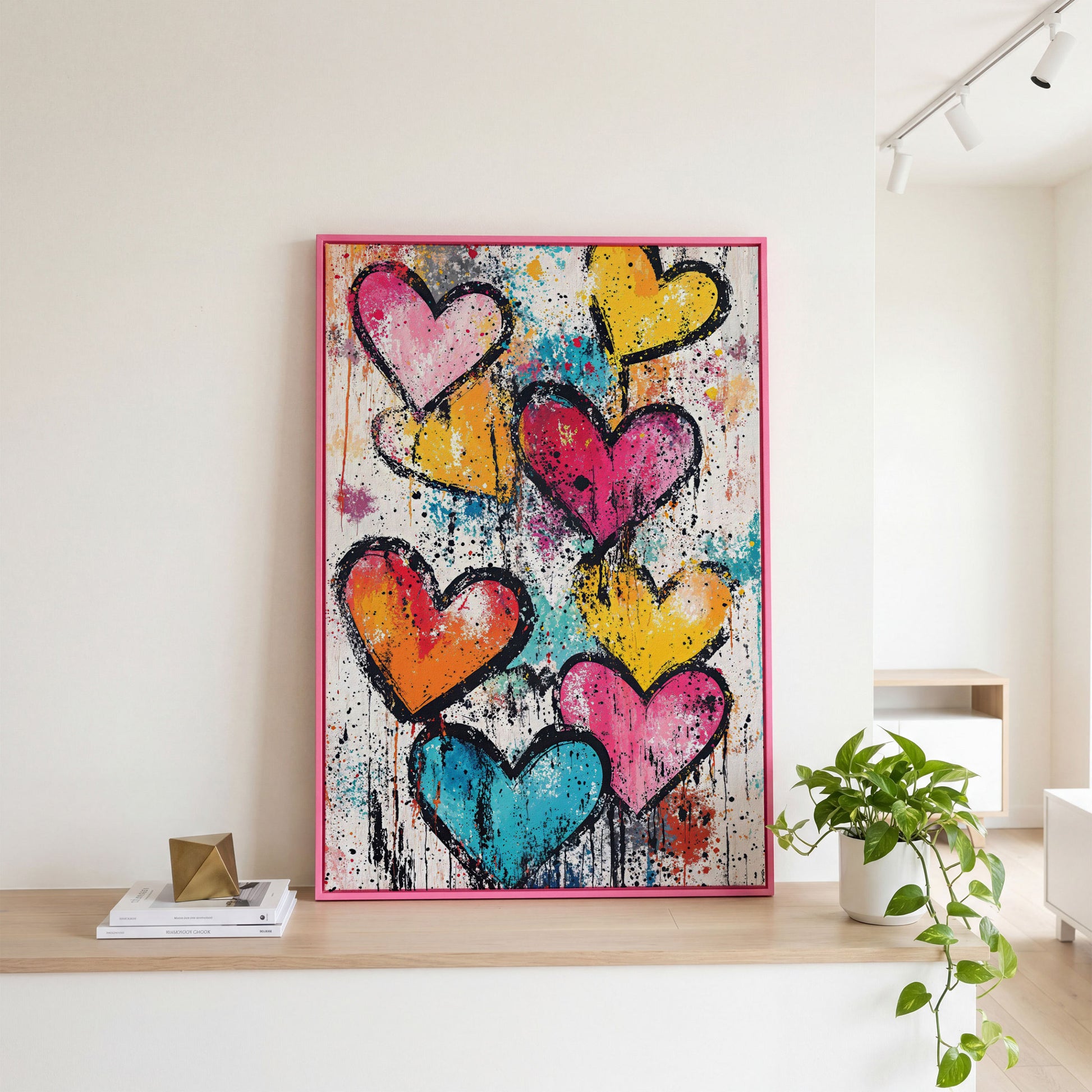 Colorful Hearts Splash Canvas in pink floating frame