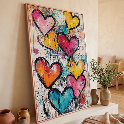 Colorful Hearts Splash Canvas in rose gold floating frame