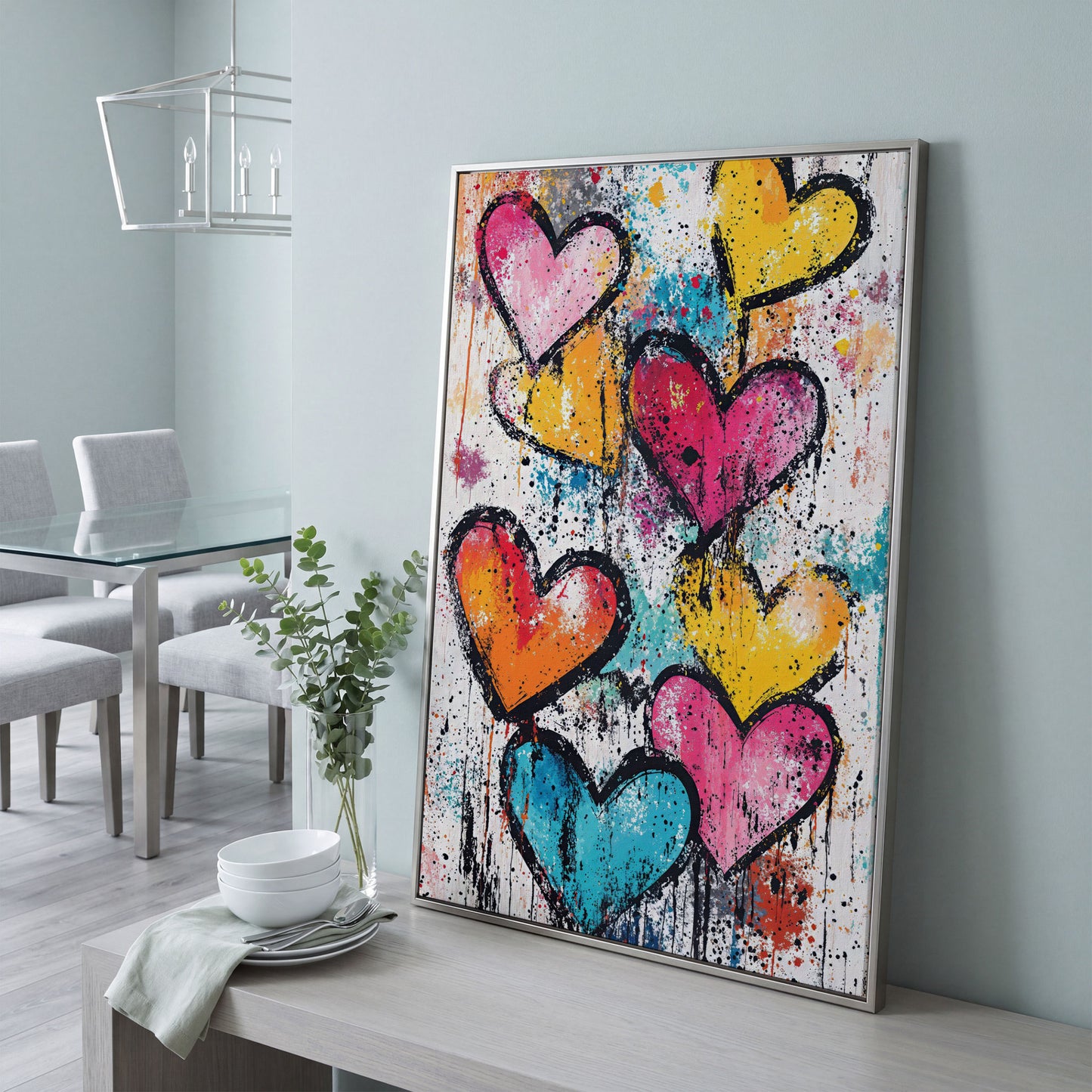 Colorful Hearts Splash Canvas in silver floating frame