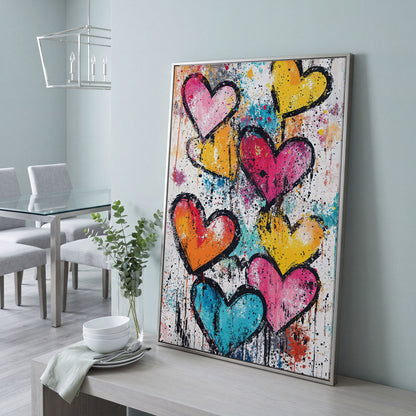 Colorful Hearts Splash Canvas in silver floating frame