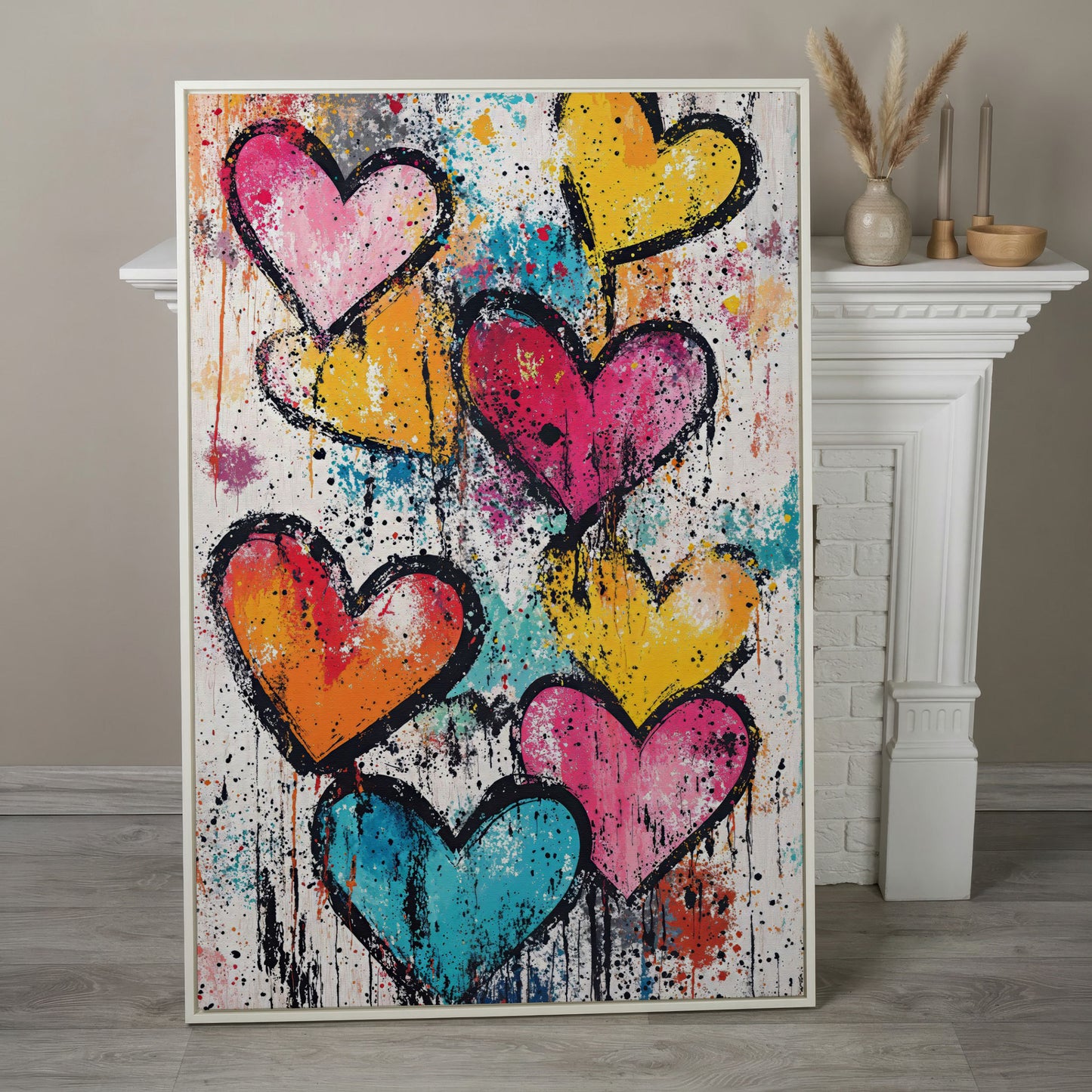 Colorful Hearts Splash Canvas in white floating frame