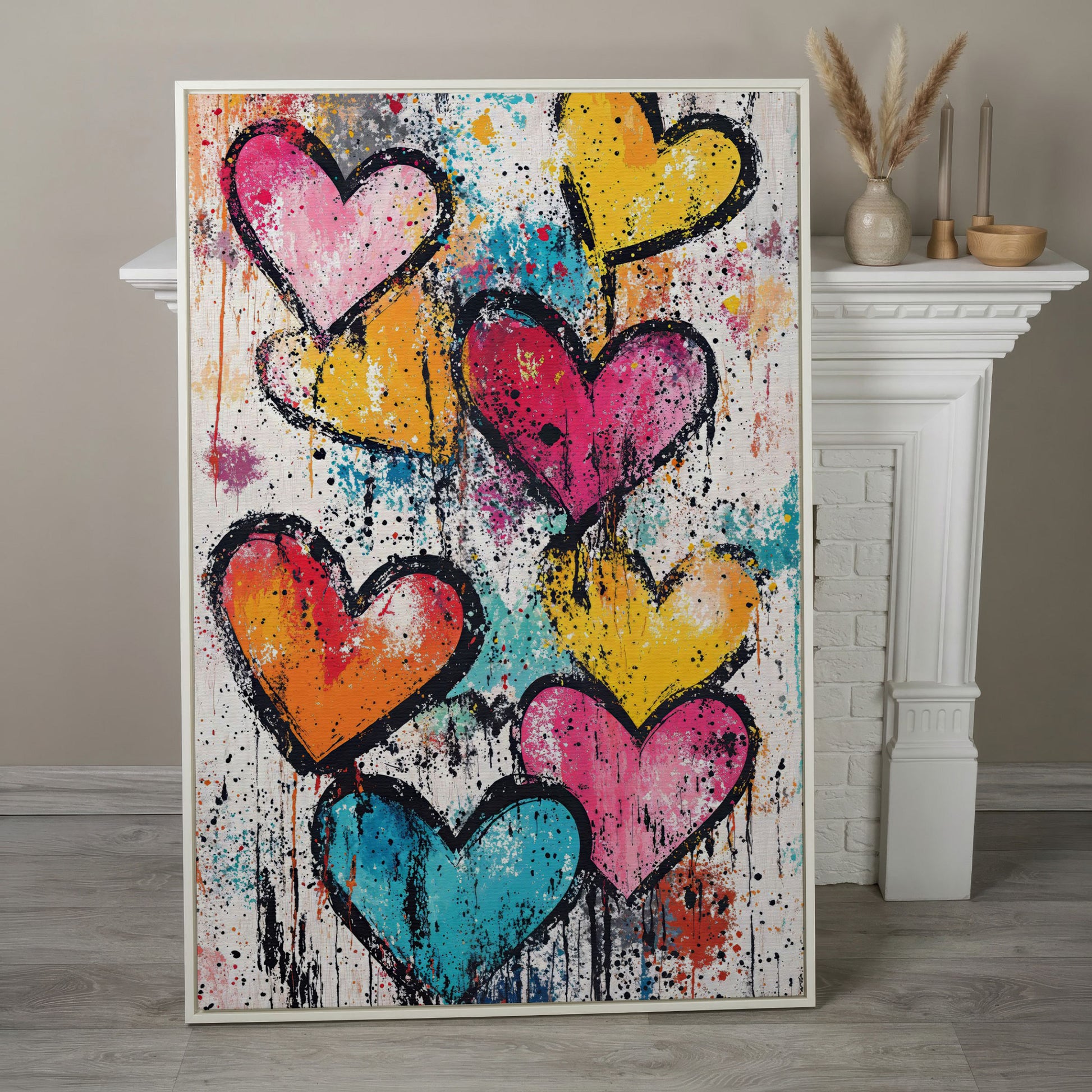 Colorful Hearts Splash Canvas in white floating frame