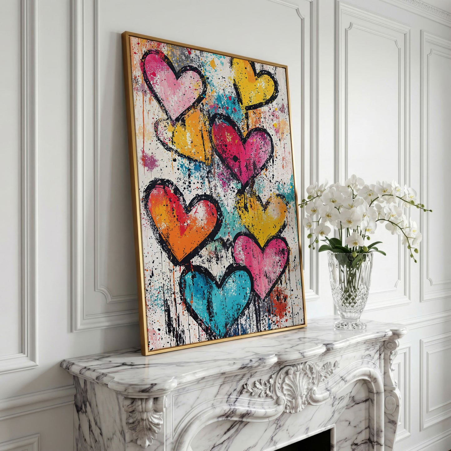 Colorful Hearts Splash Canvas in yellow gold floating frame