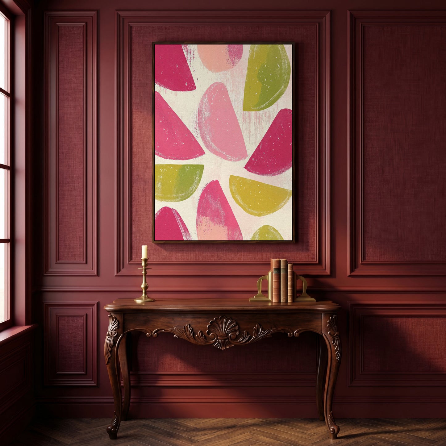 Watermelon & Citrus Slices Canvas Print in dark walnut floating frame