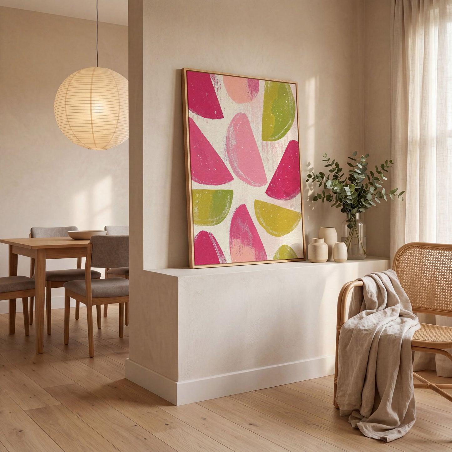 Watermelon & Citrus Slices Canvas Print in white oak floating frame