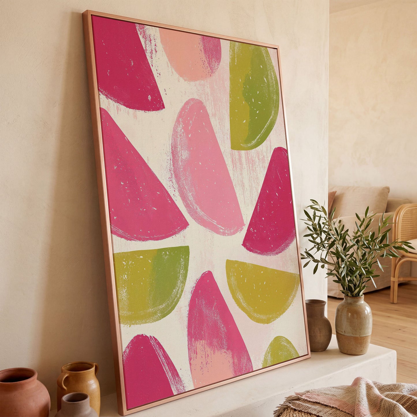 Watermelon & Citrus Slices Canvas Print in rose gold floating frame