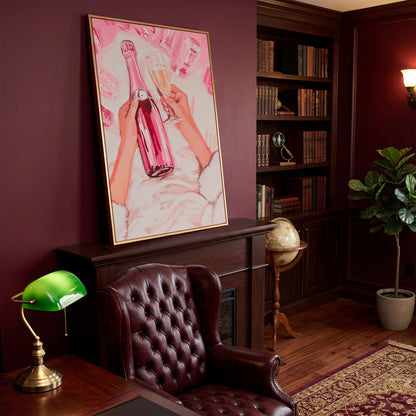 Pink Champagne Bottle Canvas Print for Bar Decor in antique gold floating frame