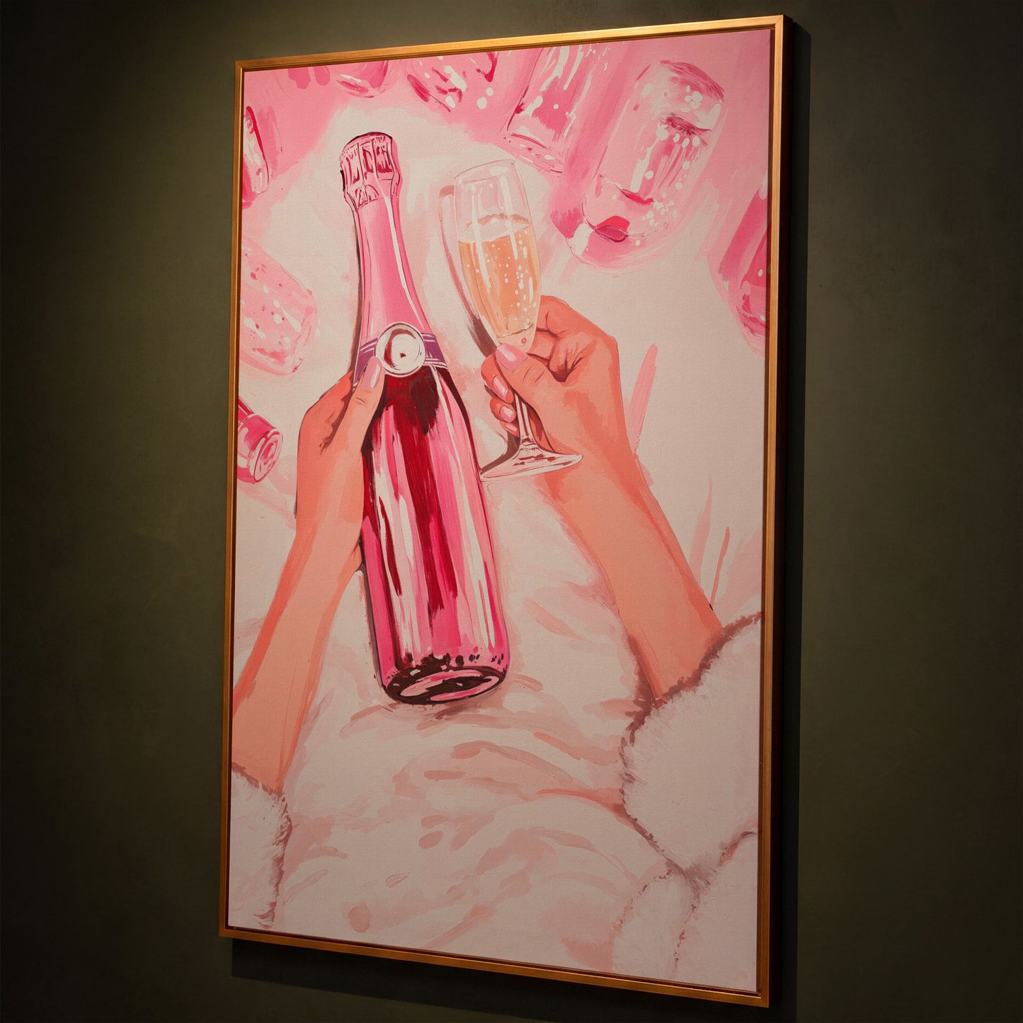 Pink Champagne Bottle Canvas Print for Bar Decor shown in antique gold floating frame