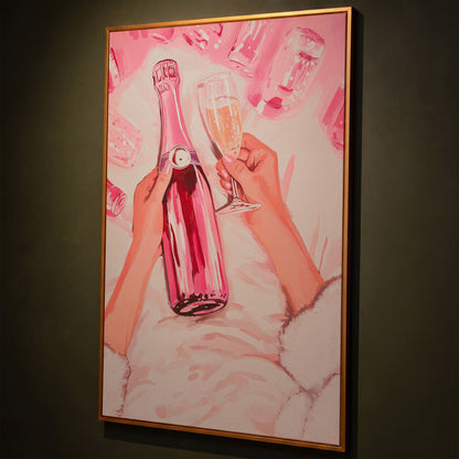 Pink Champagne Bottle Canvas Print for Bar Decor shown in antique gold floating frame