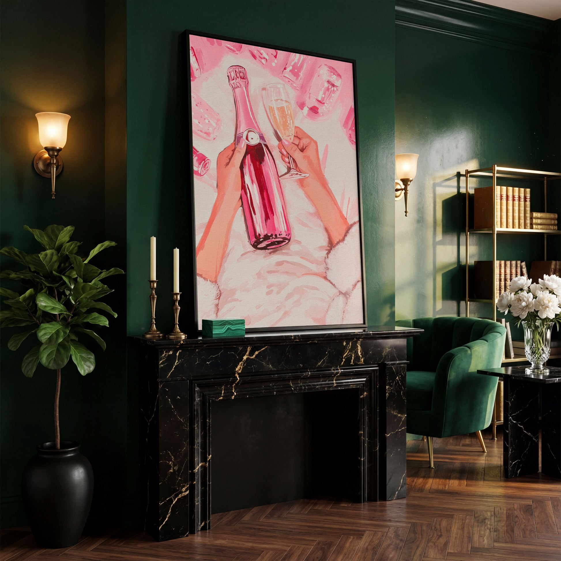 Pink Champagne Bottle Canvas Print for Bar Decor in black floating frame