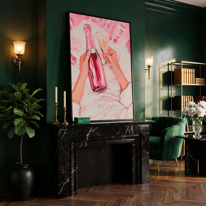 Pink Champagne Bottle Canvas Print for Bar Decor in black floating frame