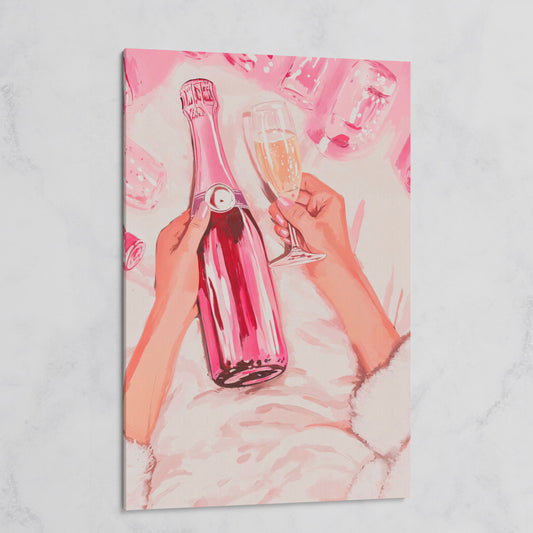 Pink Champagne Bottle Canvas Print for Bar Decor on gallery wrap