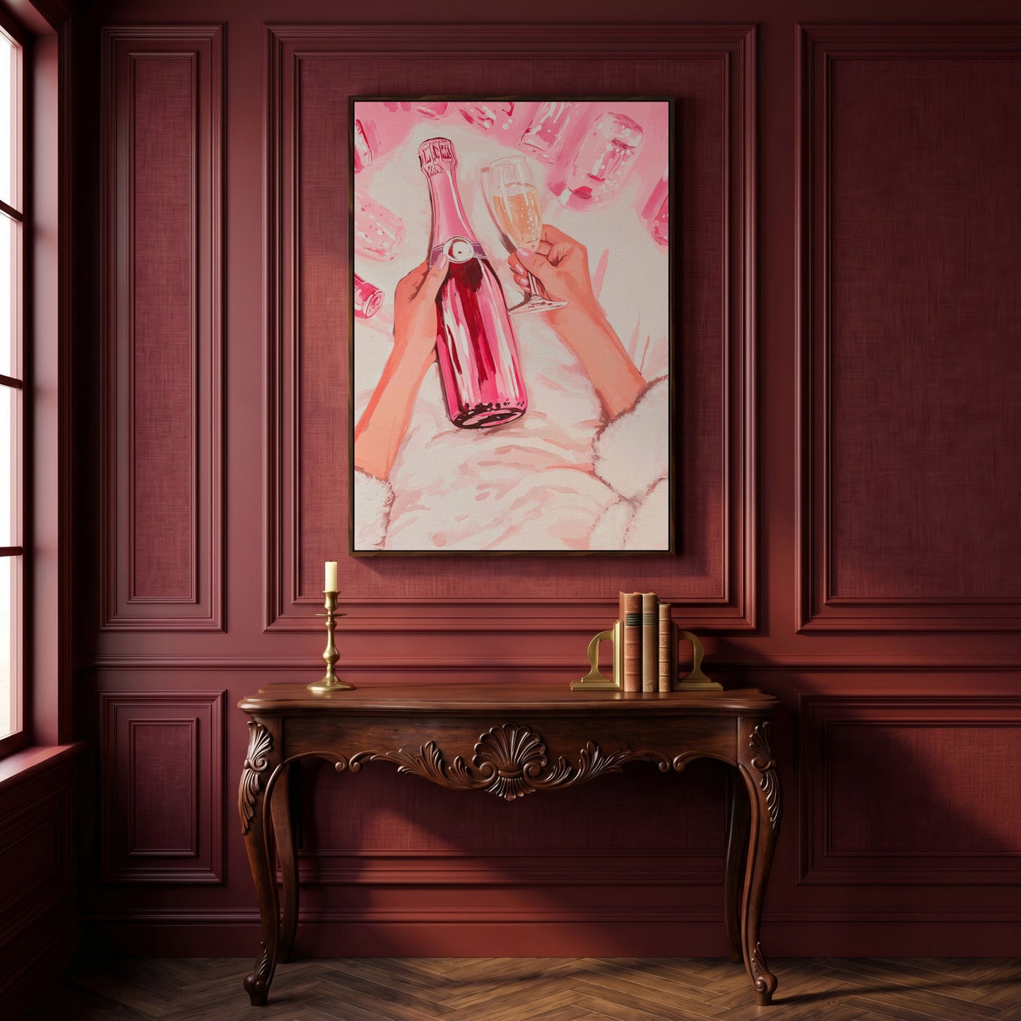 Pink Champagne Bottle Canvas Print for Bar Decor in dark walnut floating frame