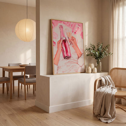 Pink Champagne Bottle Canvas Print for Bar Decor in white oak floating frame