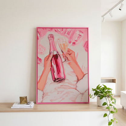 Pink Champagne Bottle Canvas Print for Bar Decor in pink floating frame