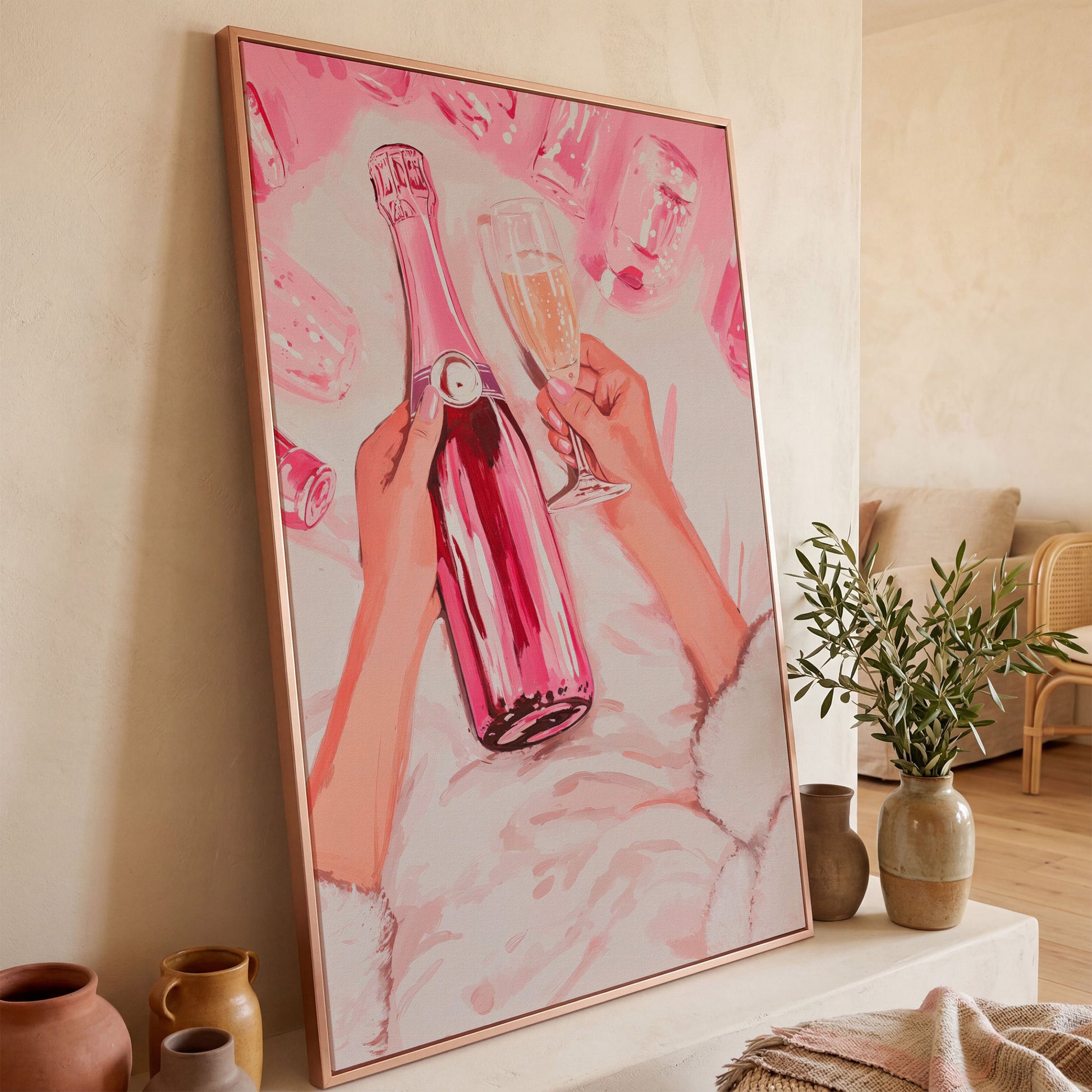 Pink Champagne Bottle Canvas Print for Bar Decor in rose gold floating frame