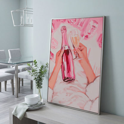 Pink Champagne Bottle Canvas Print for Bar Decor in silver floating frame