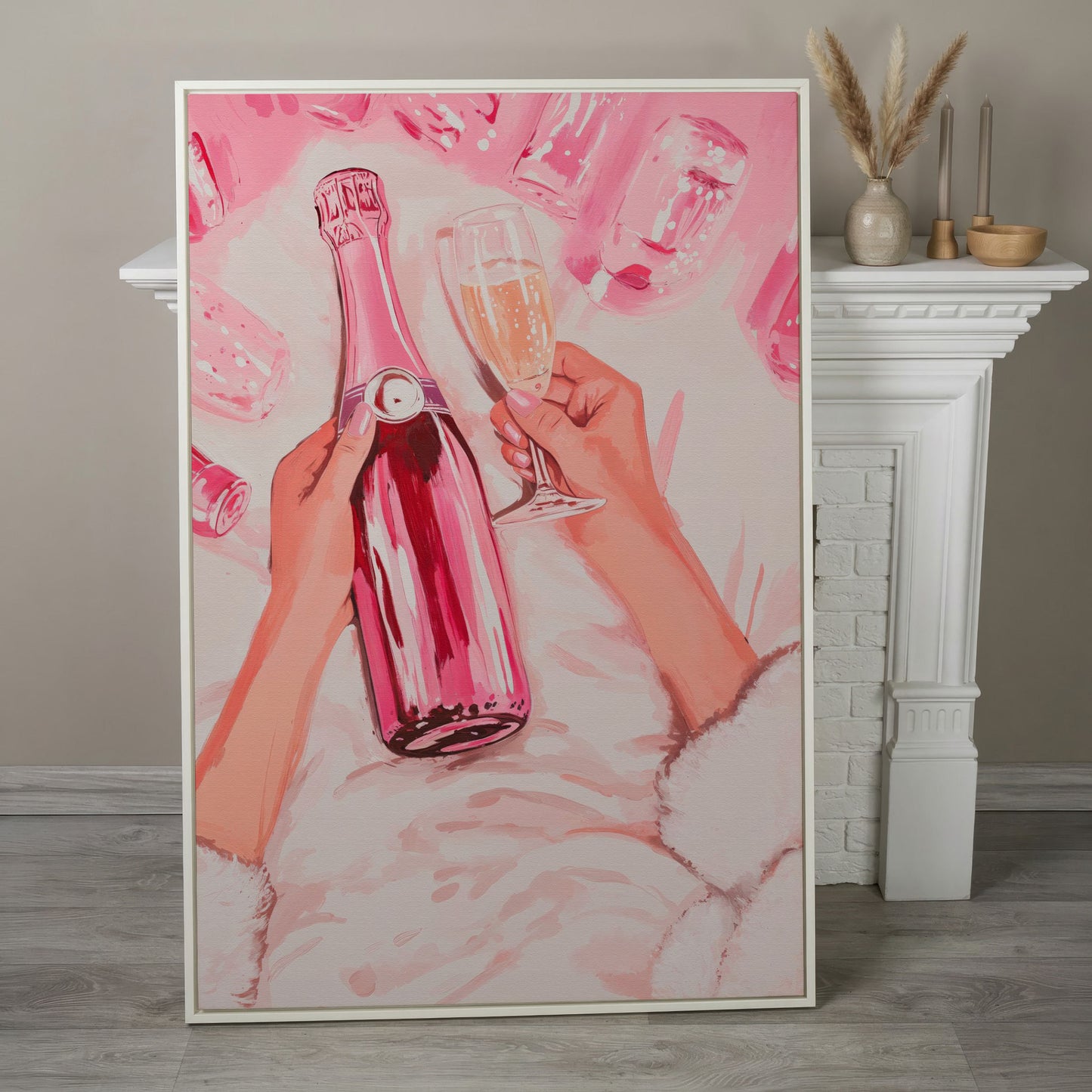 Pink Champagne Bottle Canvas Print for Bar Decor in white floating frame