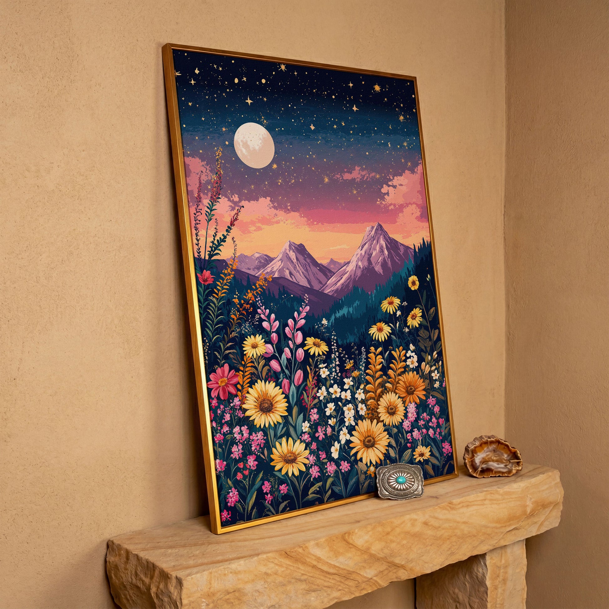 Stars and Mountains Canvas with Floral Twilight in antique gold floating frame