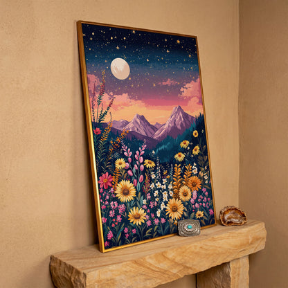 Stars and Mountains Canvas with Floral Twilight in antique gold floating frame