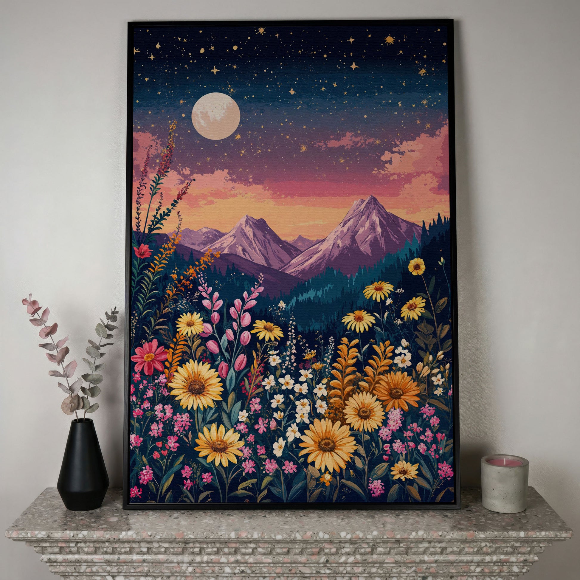 Stars and Mountains Canvas with Floral Twilight in black floating frame