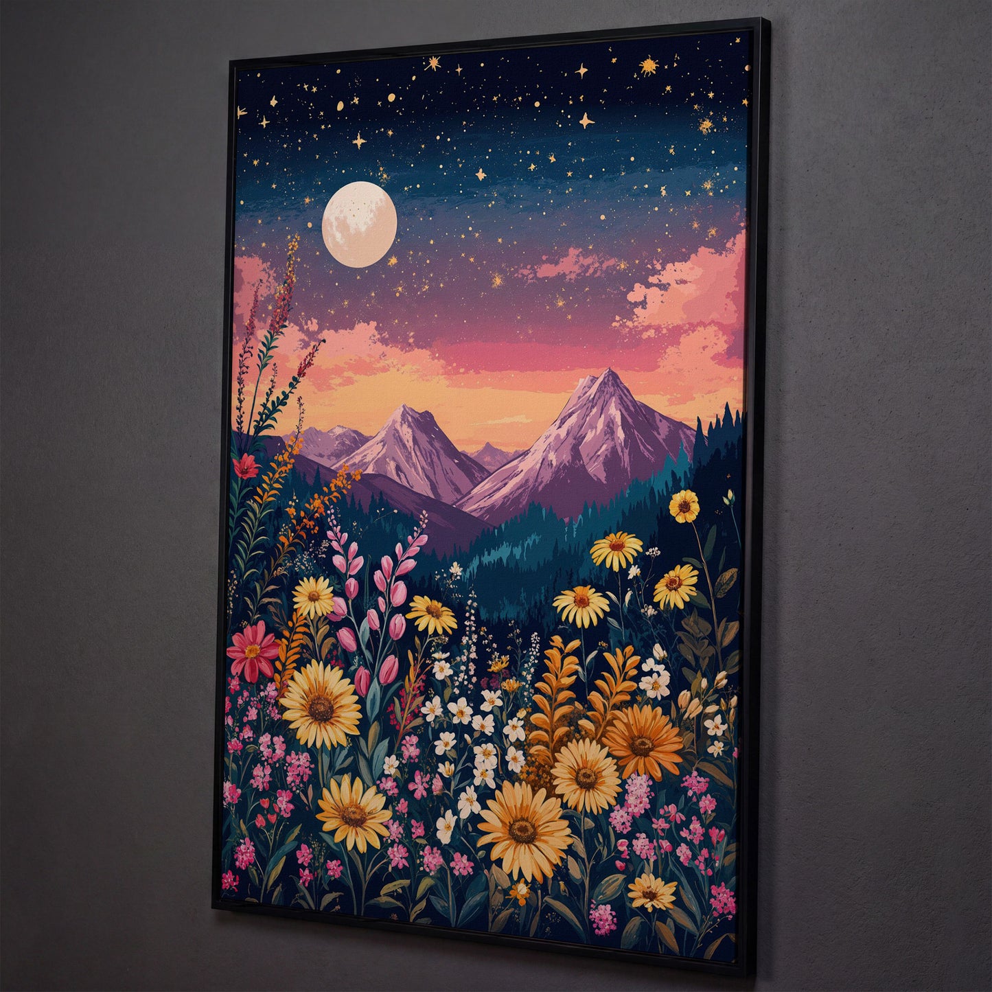 Stars and Mountains Canvas with Floral Twilight shown in black floating frame